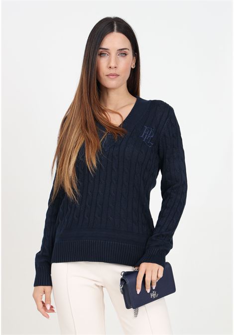 Maglioncino con scollo a V blu da donna rifinito da ricamo logo LAUREN RALPH LAUREN | 200888795008NAVY